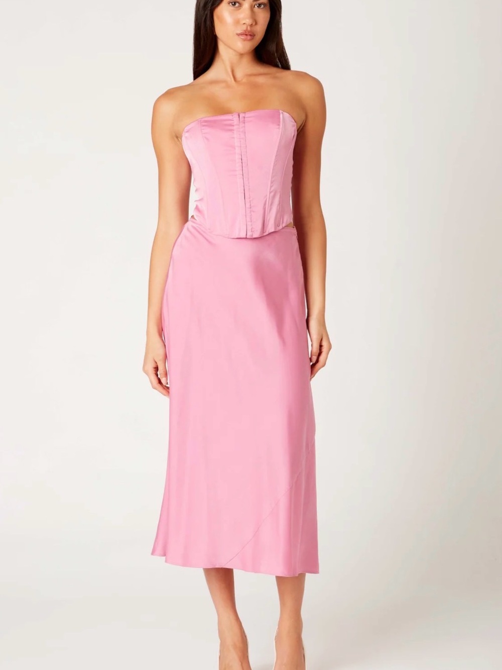 Revolve NIA Los Angeles Strapless Corset Pink Satin Midi Dress NWT Size Small